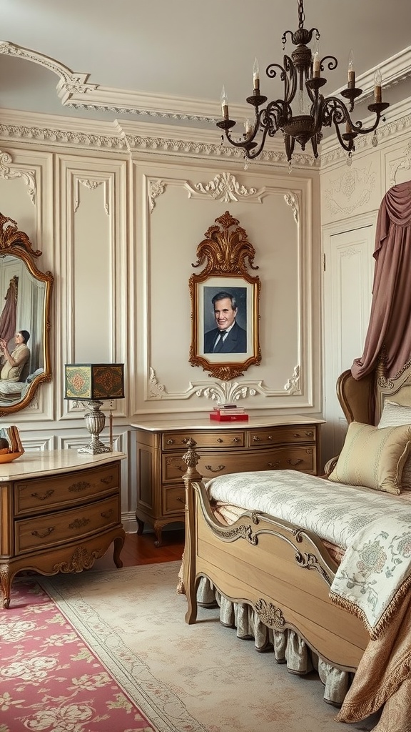 A vintage French provincial bedroom featuring an ornate chandelier, elegant furniture, and framed portraits.