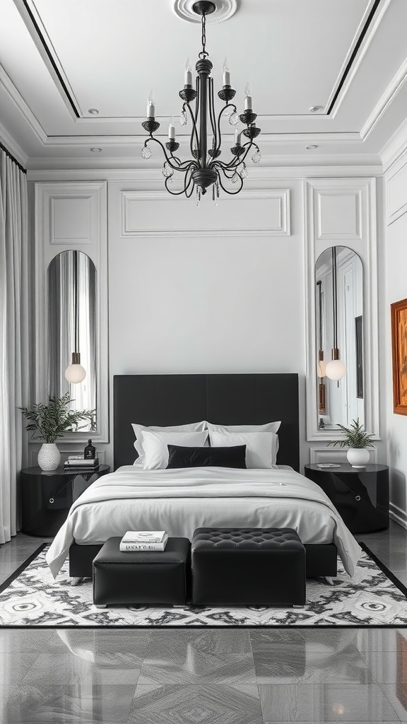 A modern elegant bedroom with black and white monochrome design, featuring stylish furniture and decor.