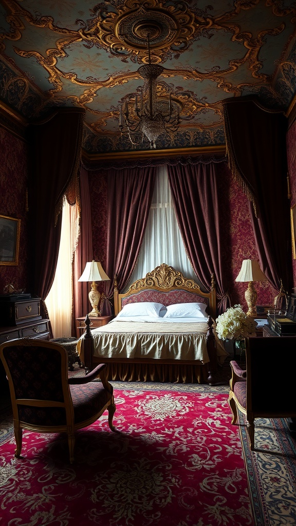 A luxurious bedroom with Victorian decor featuring ornate ceiling, rich red and gold colors, and elegant furniture.