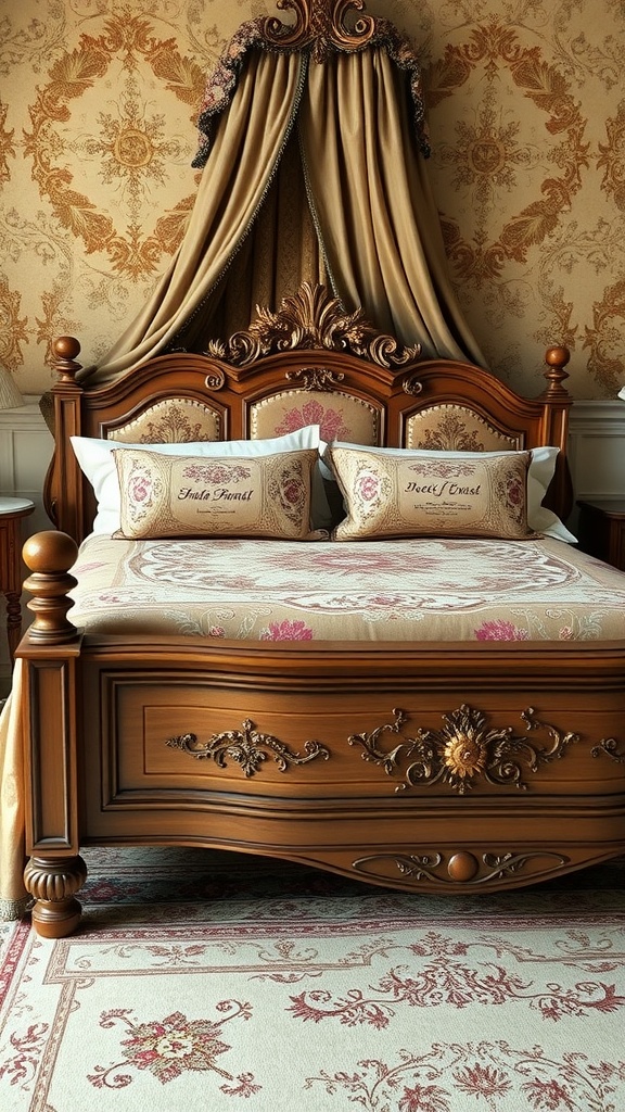 A Victorian-style bed with a beautifully embellished bedspread and decorative pillows, complemented by an ornate wooden frame and canopy.
