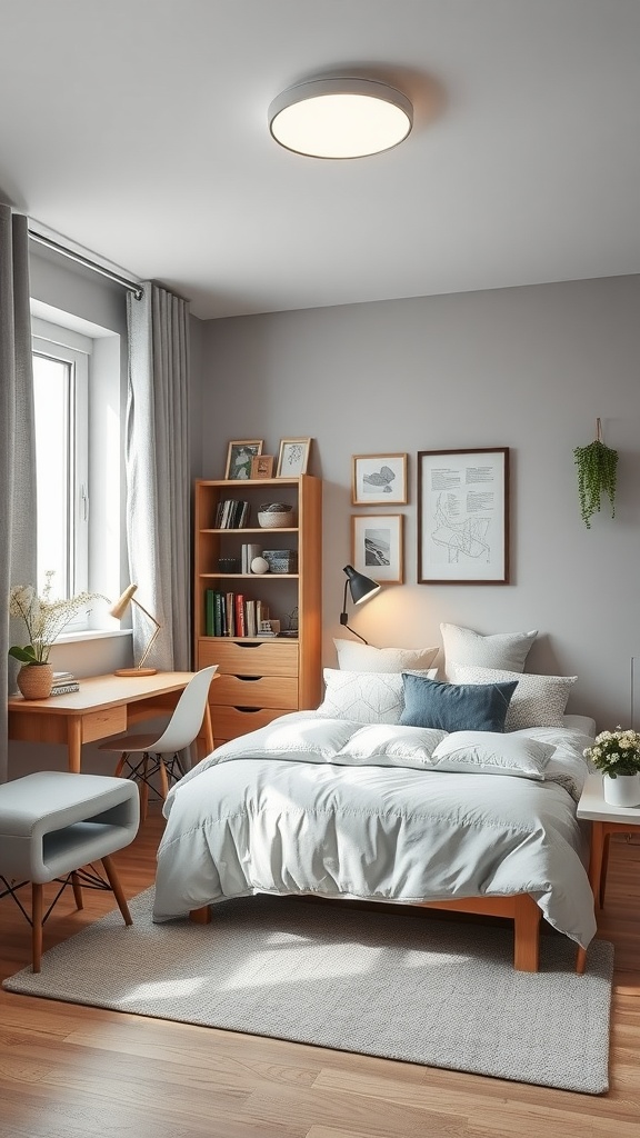 A stylish bedroom featuring a cozy bed, a desk, a bookshelf, and light-colored decor.