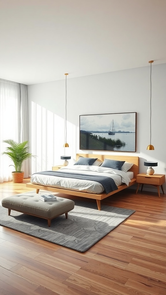 A modern bedroom featuring floating furniture, natural wood accents, and a minimalist design.