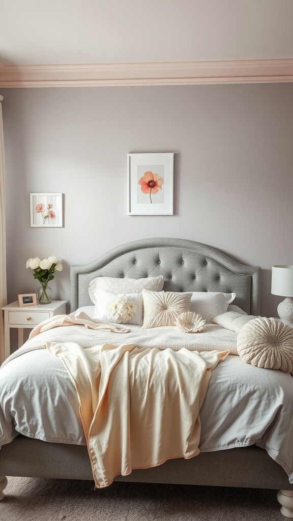 A cozy bedroom featuring a grey bed with floral accents, creating a warm and inviting atmosphere.
