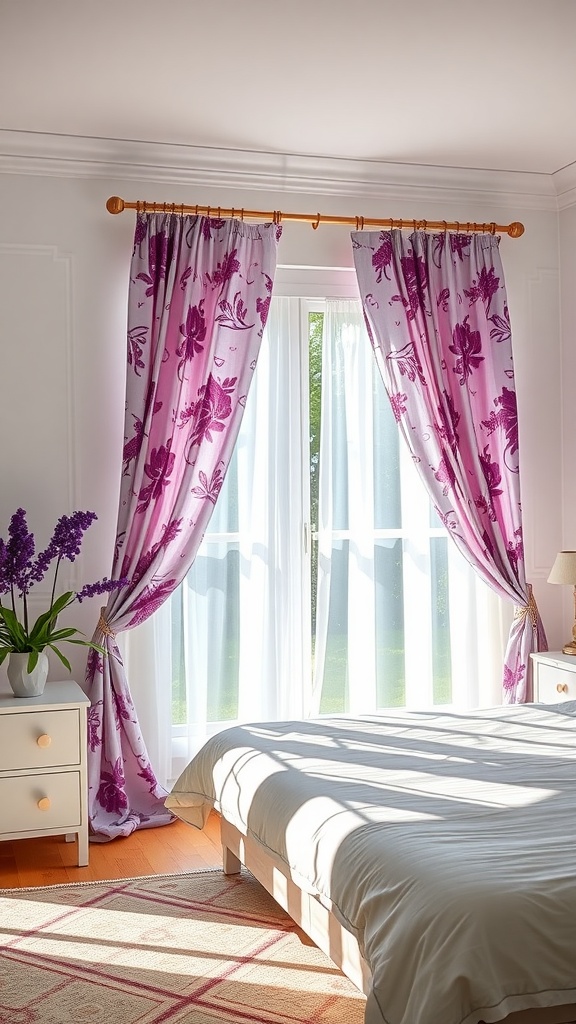 A bright bedroom featuring floral purple curtains draping over a window, with a soft bed and a nightstand adorned with flowers.