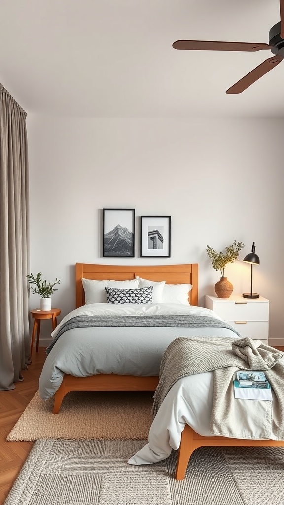 A cozy bedroom layout for couples featuring two beds, warm wood tones, and soft neutral colors.