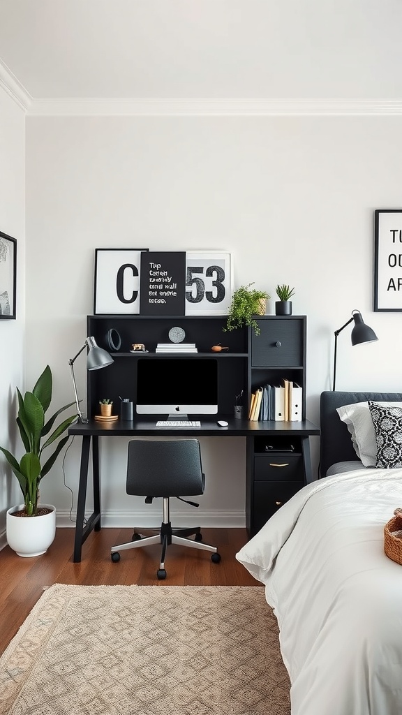 A modern black workspace in a bedroom featuring a desk, computer, and decorative items.