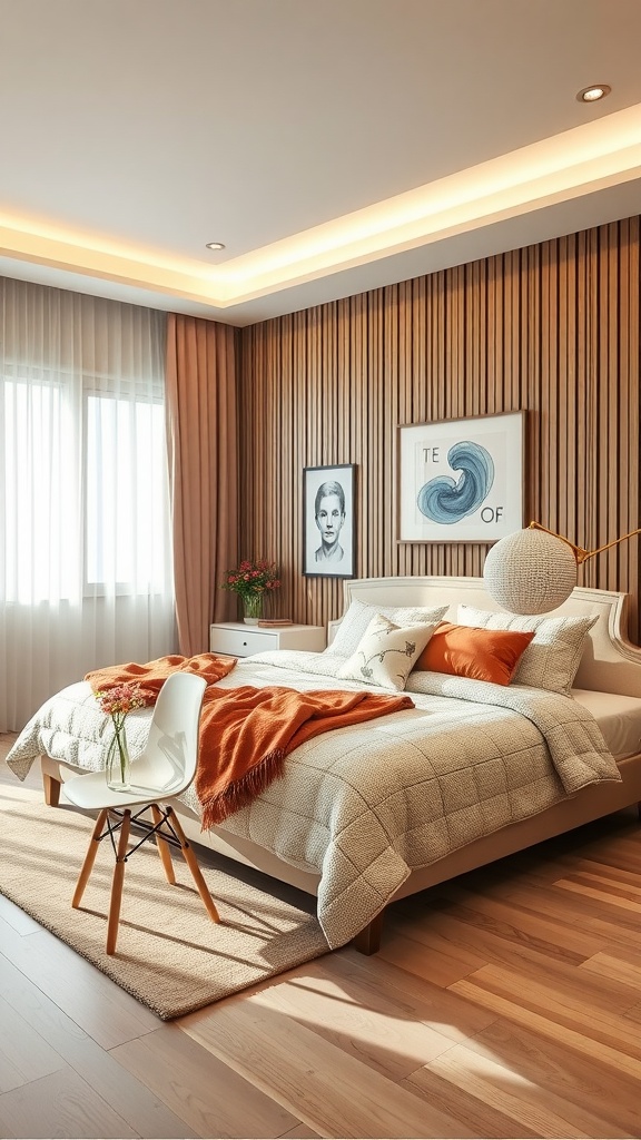 Cozy and functional bedroom in an apartment with natural lighting, wooden wall accents, and bright decorative elements.