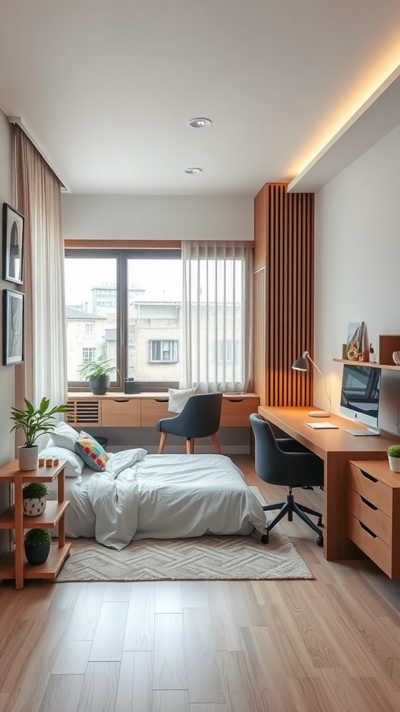 A modern bedroom featuring a bed, desk, and natural light.