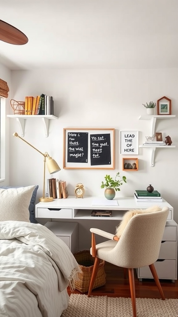A stylish bedroom with a workspace, showcasing a bed, desk, chair, and decorative elements.