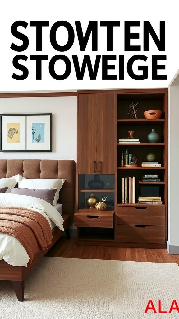 A modern bedroom with a stylish bed and functional storage unit.