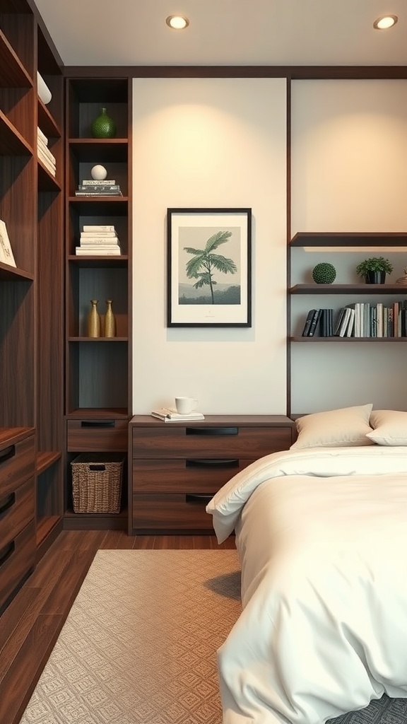 A cozy bedroom featuring dark wood storage solutions with shelves and a bedside table.