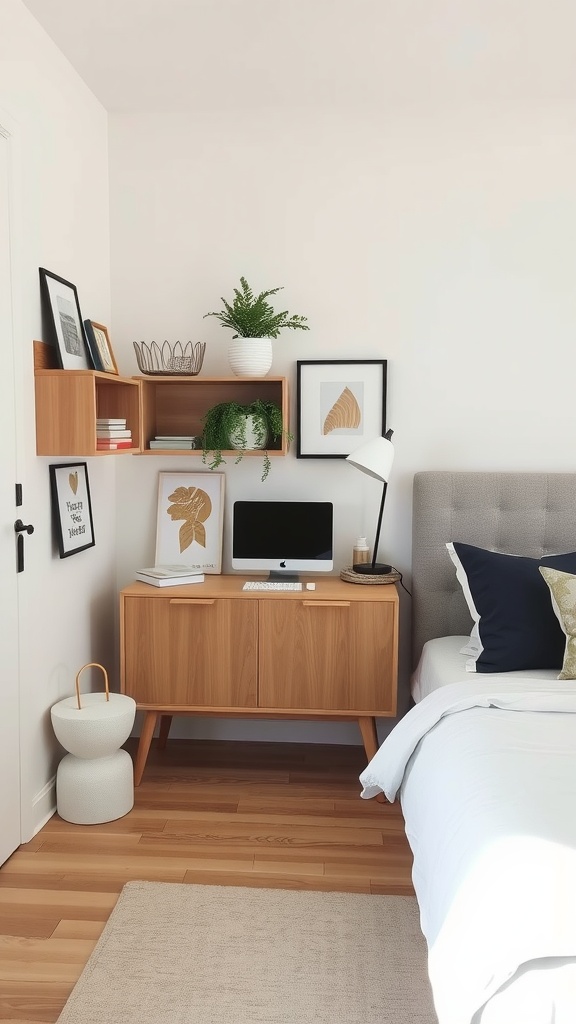 A neat workspace corner in a neutral bedroom featuring a wooden desk, computer, and decorative elements.