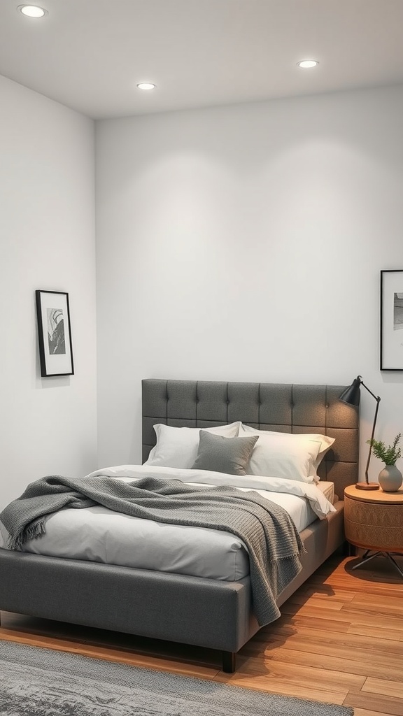 A modern bedroom featuring a grey bed with white bedding, a stylish lamp, and framed artwork on the walls.