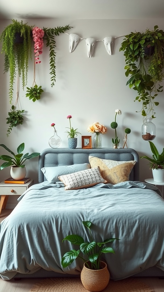 A cozy bedroom featuring a grey bed with plants and decorative elements, creating a serene garden-inspired retreat.