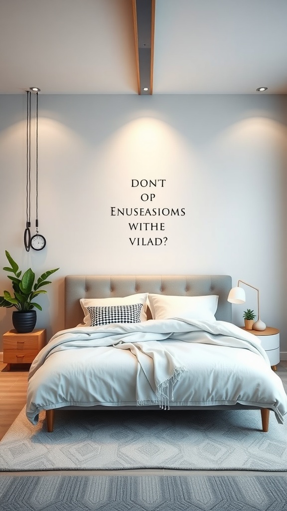 A cozy, gender-neutral bedroom with a comfortable bed, patterned cushions, a plant, and a unique wall design.