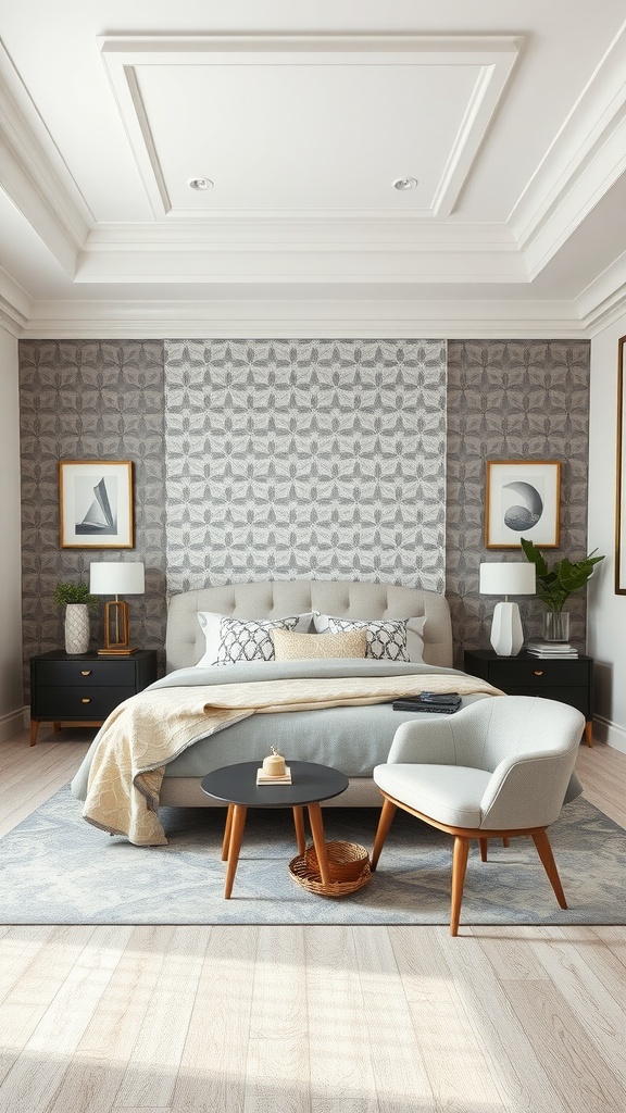 A modern bedroom featuring geometric patterns on the wall, with soft-toned bedding and stylish furniture.