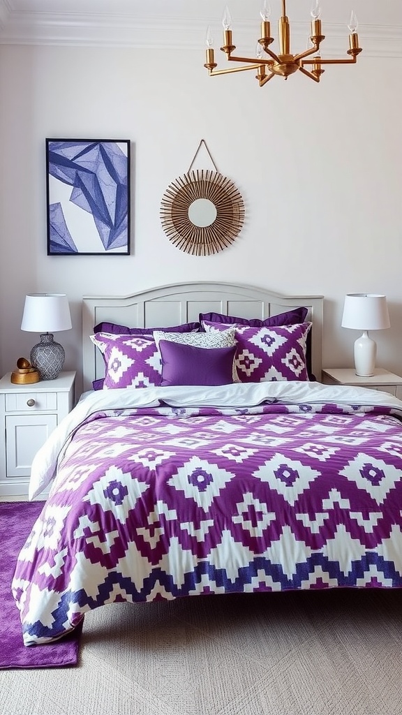 A stylish bedroom featuring geometric purple patterns with a patterned duvet cover, matching pillows, and modern decor.