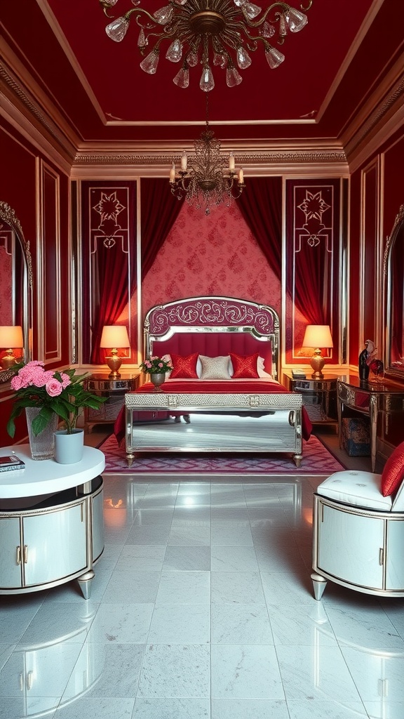A glamorous Hollywood Regency bedroom featuring red walls, a chandelier, and elegant furniture.