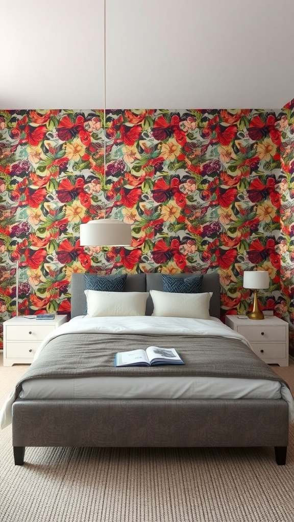A bedroom featuring a grey bed against colorful floral wallpaper, showcasing a cozy atmosphere.