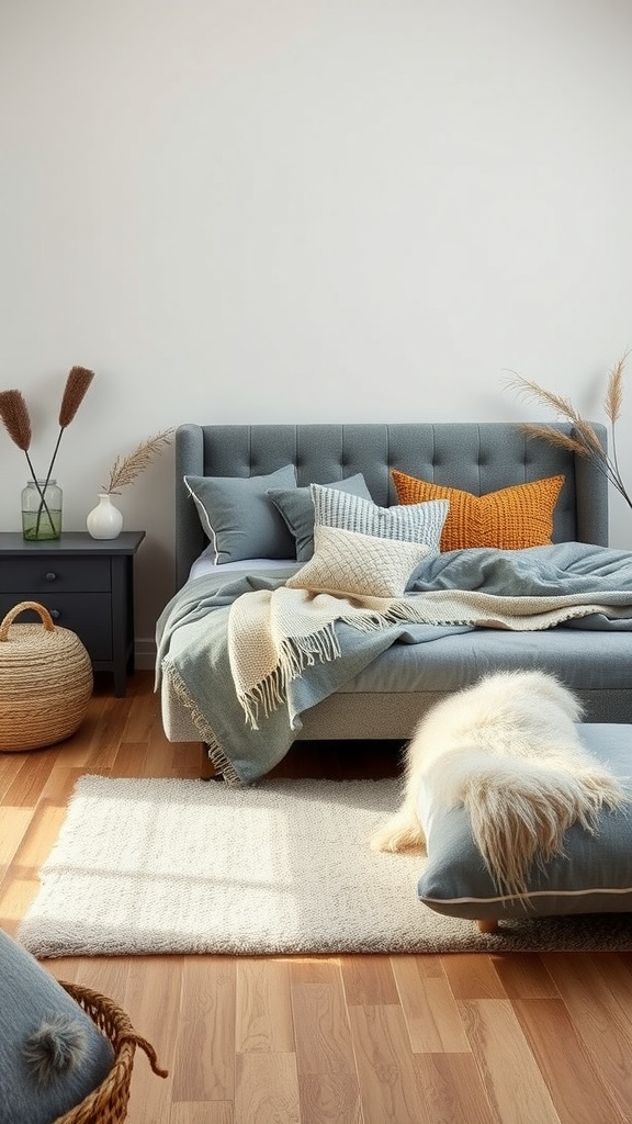 A cozy bedroom featuring a grey bed decorated with various pillows and blankets, set against a bright wall with wooden flooring.