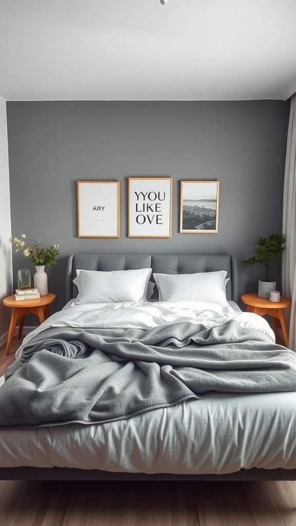 A cozy gender-neutral bedroom featuring a grey bed with white pillows and a textured blanket, framed artwork on the grey wall, and wooden side tables with plants.