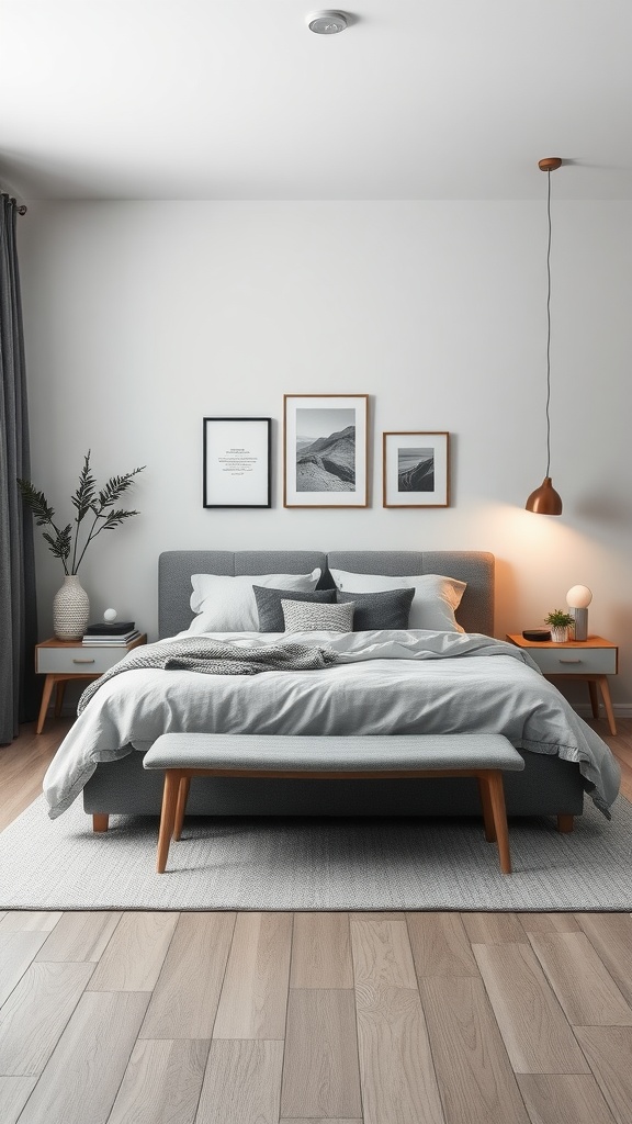 A modern bedroom featuring a grey bed, neutral decor, and soft lighting, highlighting a monochromatic theme.