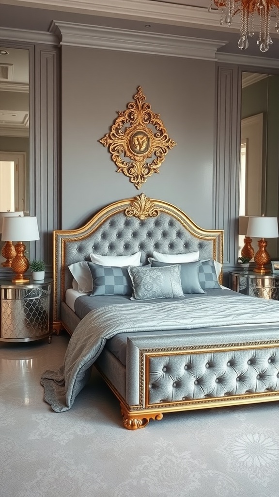 A beautifully styled bedroom featuring a grey tufted bed with gold accents and elegant decor.