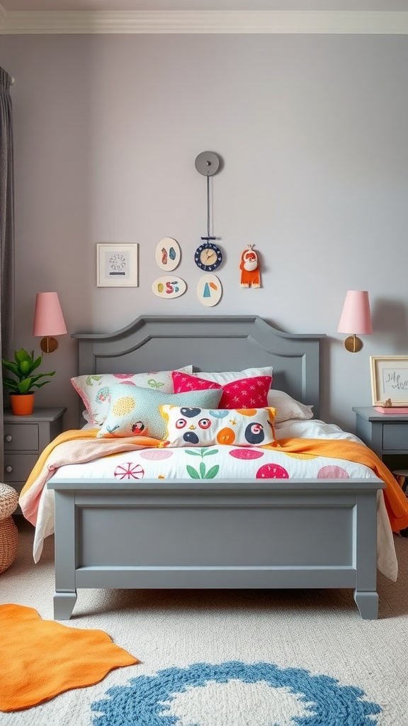 A cozy bedroom featuring a grey bed with mismatched bedding, colorful pillows, and cheerful decor.
