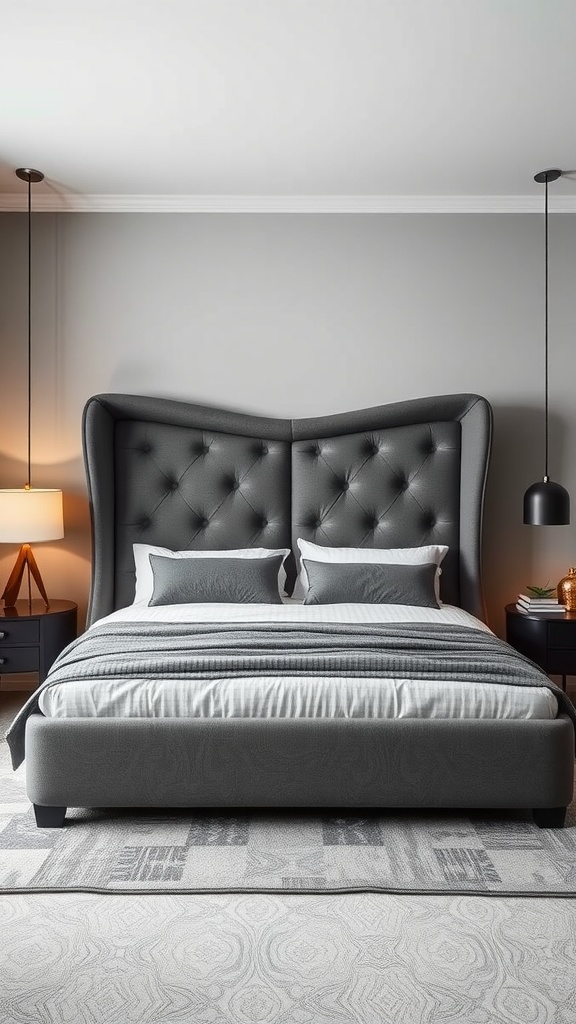 A stylish grey bed with a unique tufted headboard, complementing a modern bedroom setting.
