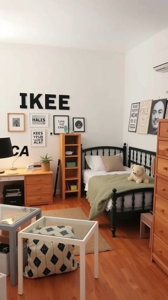 A cozy bedroom with a bed, wooden furniture, and unique wall decor featuring oversized letters.