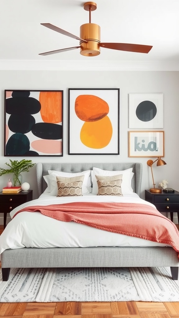 A stylish bedroom with a grey bed and colorful abstract art on the walls