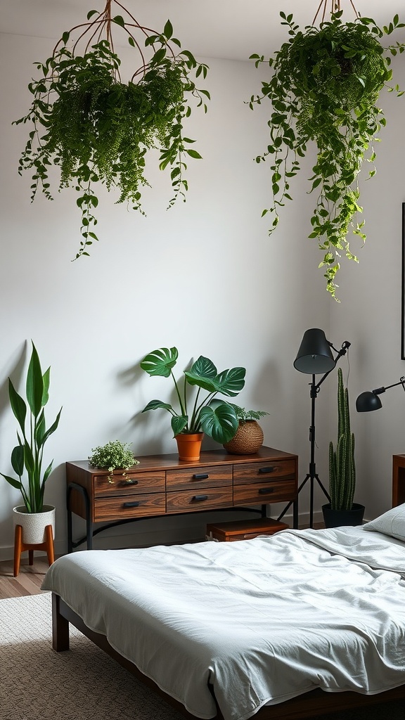 A cozy bedroom with dark wood furniture and hanging plants.