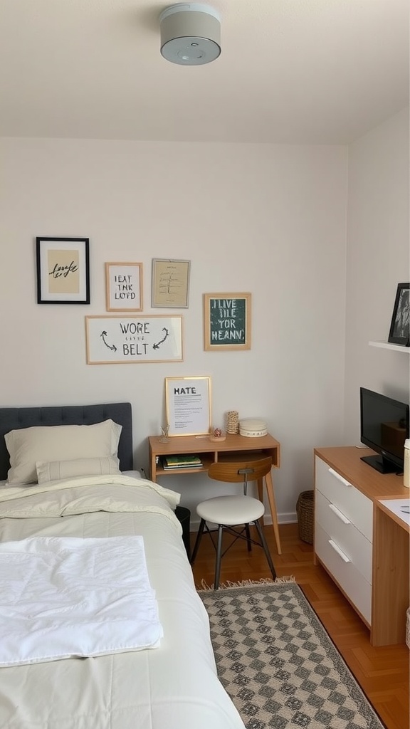 A cozy bedroom with a simple bed, personal wall art, and a small desk.