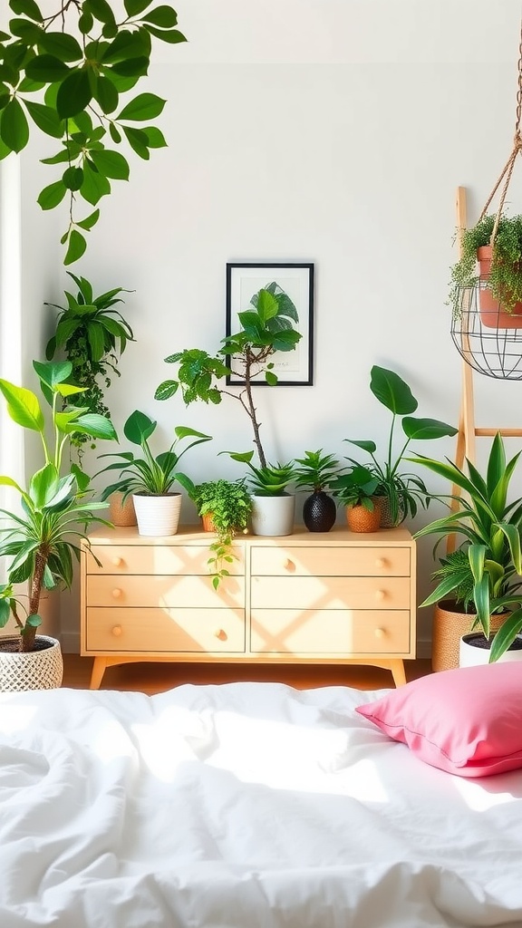 A bright bedroom featuring various indoor plants arranged on a dresser, with light streaming in from a window.