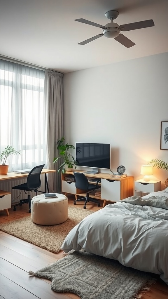 A modern bedroom featuring a workspace, plants, and soft lighting, showcasing a blend of comfort and technology.