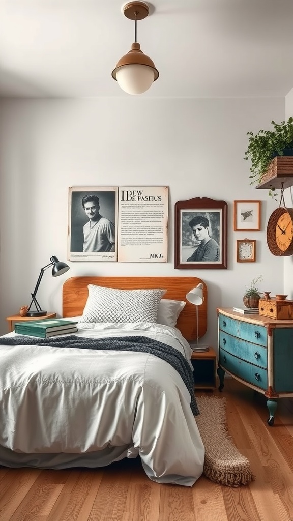 A modern bedroom featuring vintage decor elements such as a blue dresser, framed photographs, and warm wooden furnishings.