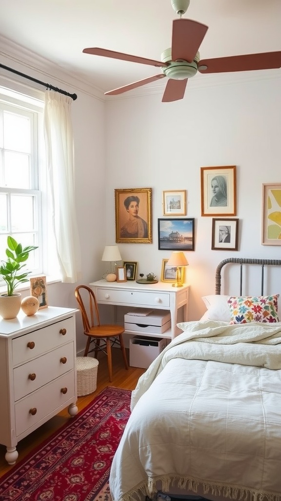 A cozy bedroom featuring a mix of vintage finds and IKEA furniture, showcasing a stylish and inviting decor.