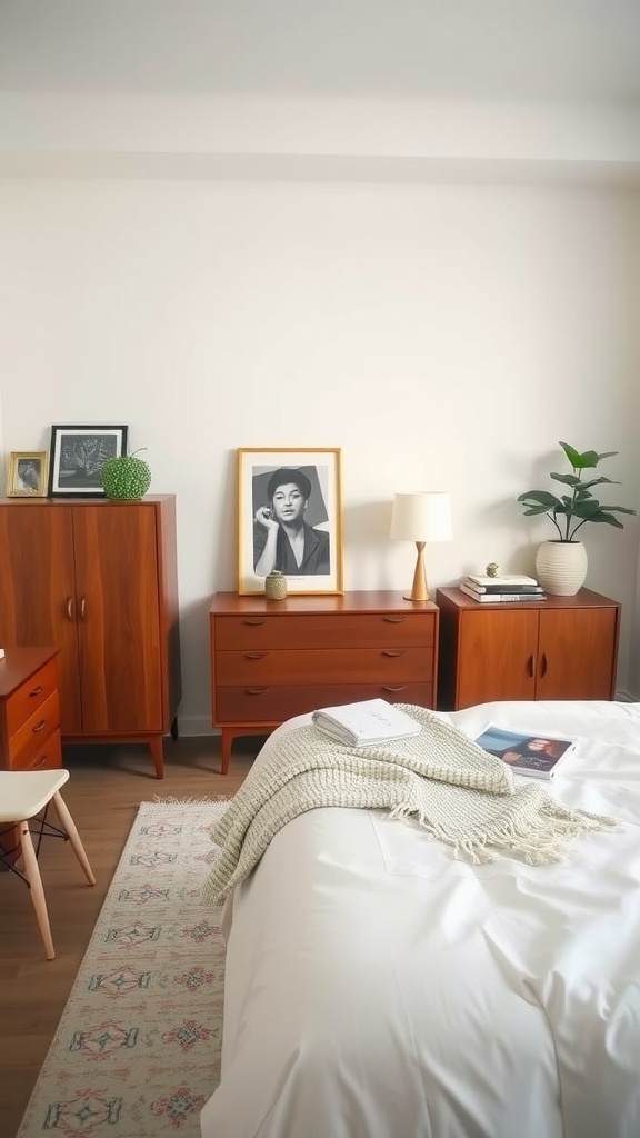 A cozy bedroom featuring vintage IKEA furniture, warm wooden tones, and personal decor.