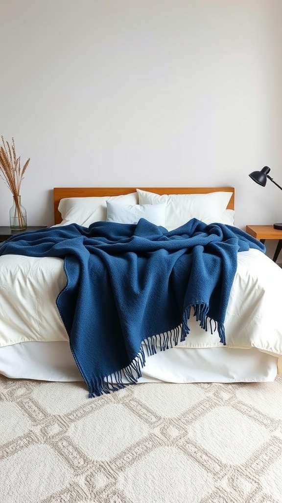 A cozy indigo throw blanket on a neatly made bed with white bedding, accented by decorative pillows and a simple bedside lamp.