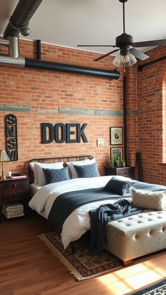 An industrial chic bedroom featuring exposed brick walls, a cozy bed, and stylish decor.