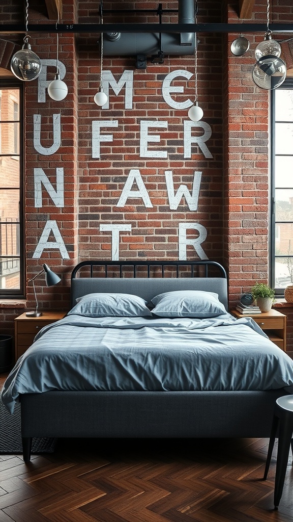 A stylish industrial chic bedroom with a grey bed, featuring a brick wall and modern lighting.