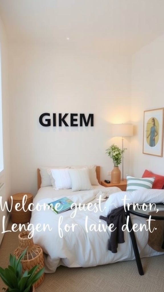 A cozy guest room featuring a bed with white bedding, a wooden nightstand, and decorative elements like plants and art.