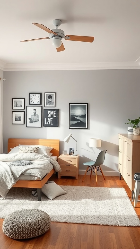 A cozy bedroom with a wooden bed frame, artwork on the walls, and a warm color palette.