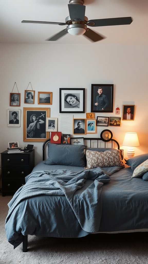 A cozy bedroom featuring a bed with blue bedding, adorned with personal mementos on the wall, including framed photographs and art.
