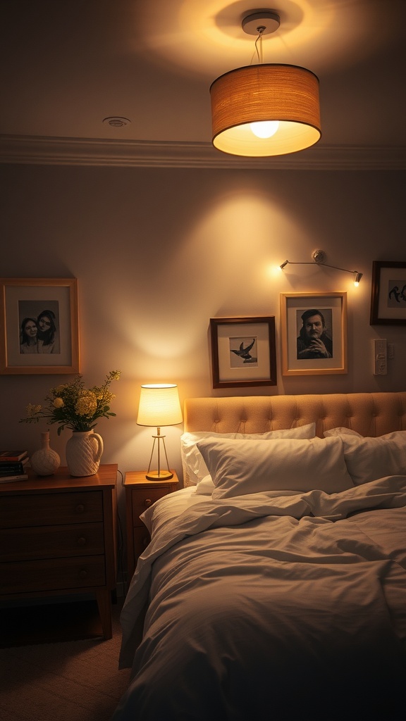 A cozy bedroom with warm lighting, featuring a stylish lamp and ceiling fixture, a neatly made bed, and framed pictures on the wall.