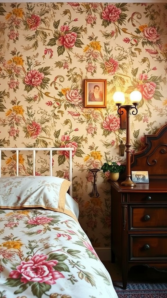 A cozy Victorian-style bedroom with intricate floral wallpaper, a white bed, and vintage accessories.