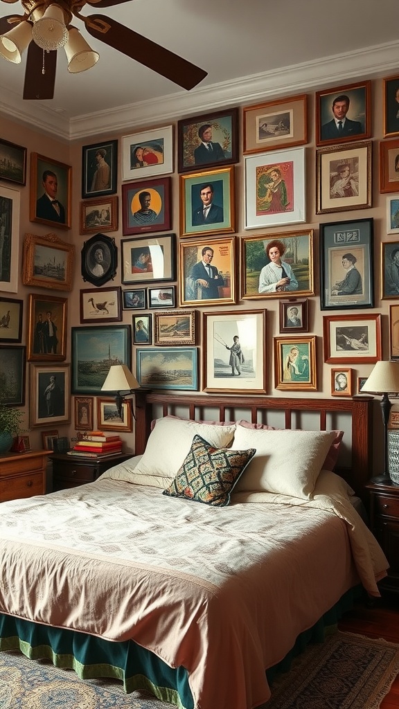 A cozy bedroom featuring a wall adorned with vintage art pieces and a neatly made bed.
