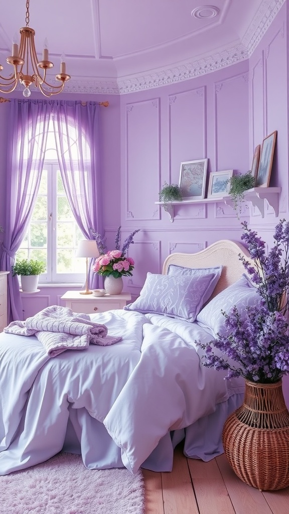 A vintage-style bedroom with lavender walls, elegant decor, and soft bedding.