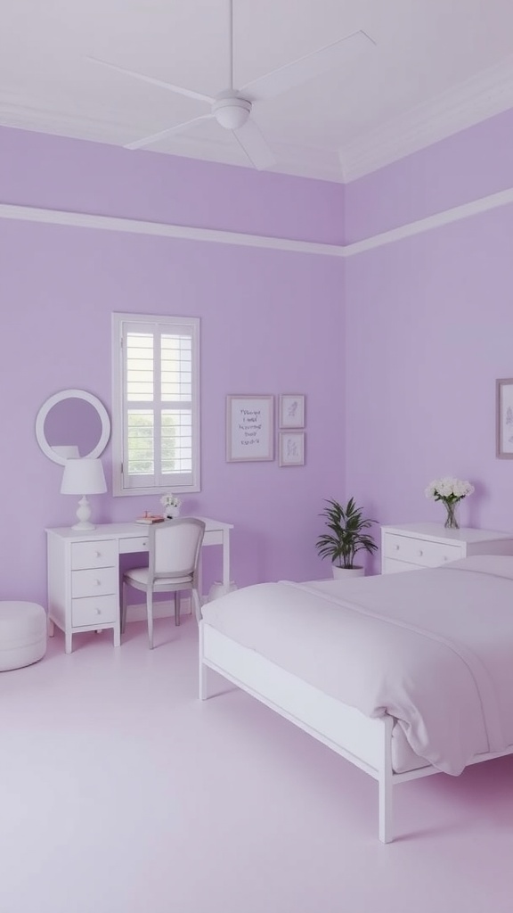 A serene bedroom featuring lavender walls and white furniture, creating a calm atmosphere.