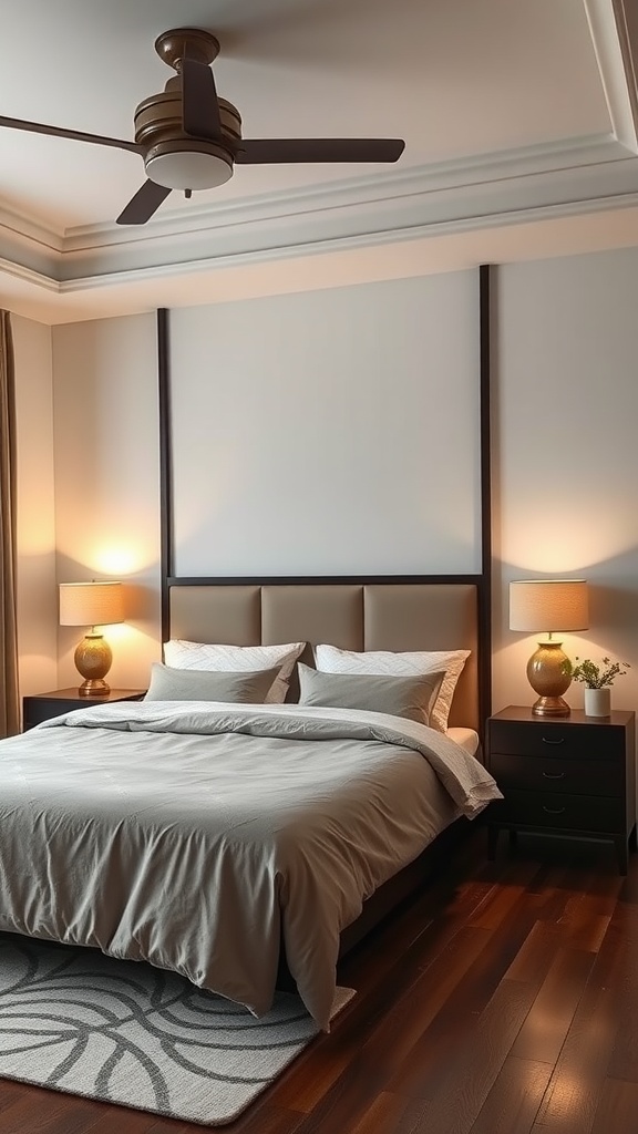 A cozy bedroom with dark wood accents, featuring layered lighting from bedside lamps.